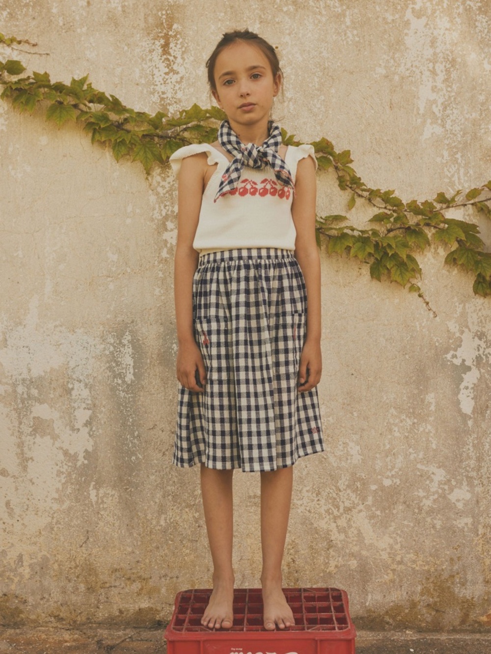 Tocoto Vintage Girls' Embroidered Cherry Vichy Navy Check Skirt/Crewcuts Tank 6Y